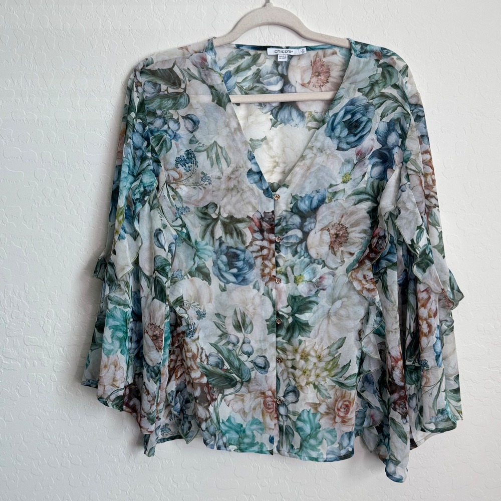 Chicos Floral Ruffle Sleeve Blouse Blue Green V-Neck Button Front Size XL Boho‎